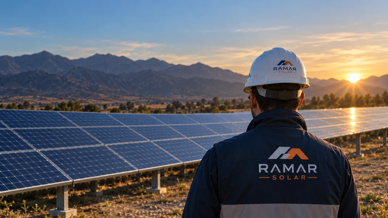Trabajador de RAMAR Solar mirando una planta fotovoltaica al atardecer.