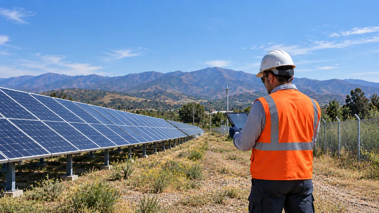 Supervisor de RAMAR Solar revisando una planta fotovoltaica con tablet en terreno.