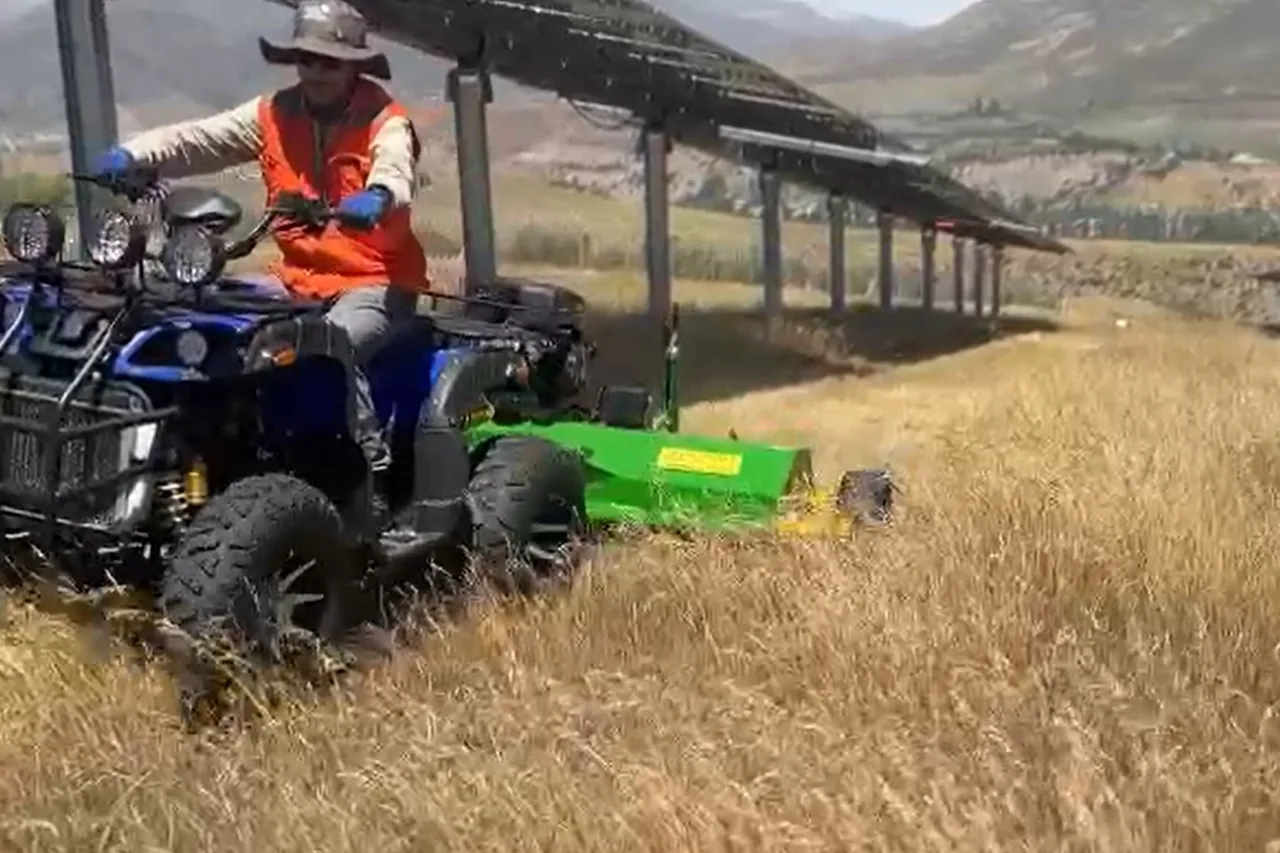Operador con cuadrimoto y desbrozadora trabajando bajo las mesas de paneles.