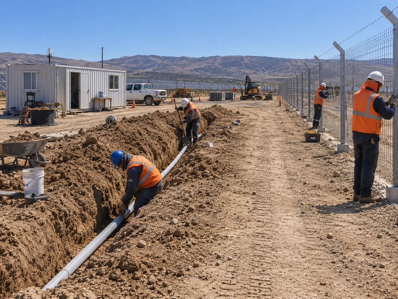 Cuadrilla ejecutando canalización y cierre perimetral en una planta fotovoltaica.